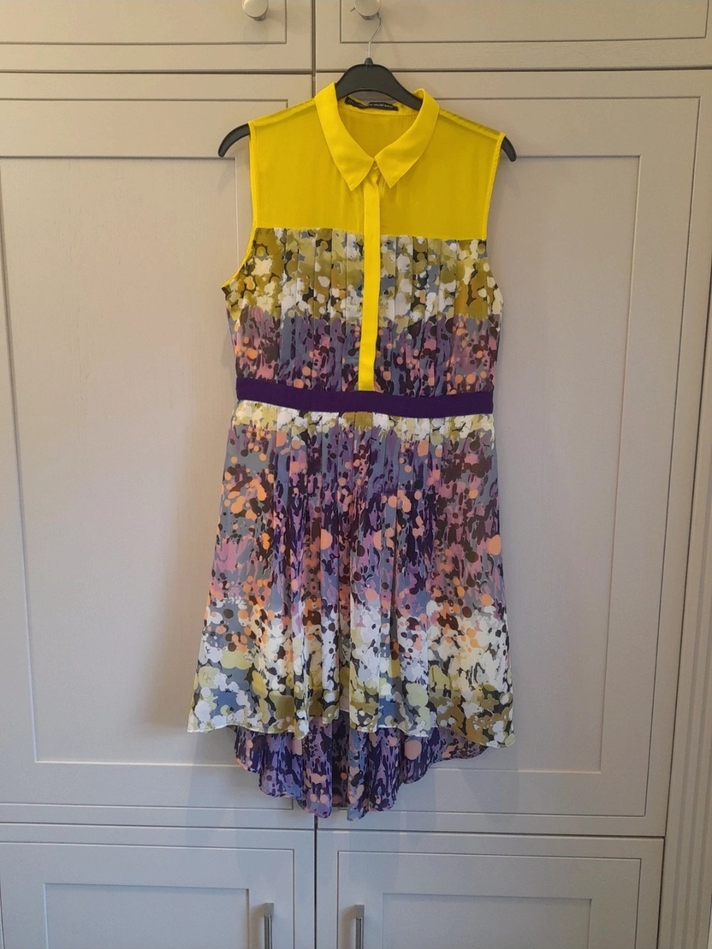 W118 by Walter Baker Yellow Collar Floral High-Low Dress with Purple Waist
